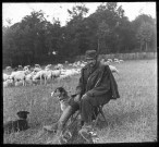 Portrait d'un berger et ses chiens gardant le troupeau de moutons