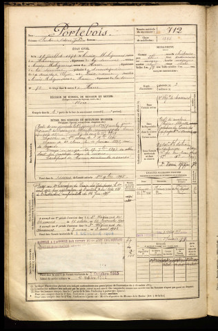 Portebois, Frédéric Octave Julien, né le 18 juillet 1874 à Croix-Moligneaux (Somme), classe 1894, matricule n° 712, Bureau de recrutement de Péronne