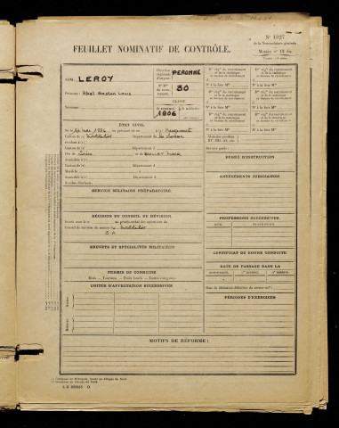 Leroy, Abel Gaston Louis, né le 14 mai 1886 à Hargicourt (Somme), classe 1906, matricule n° 30, Bureau de recrutement de Péronne