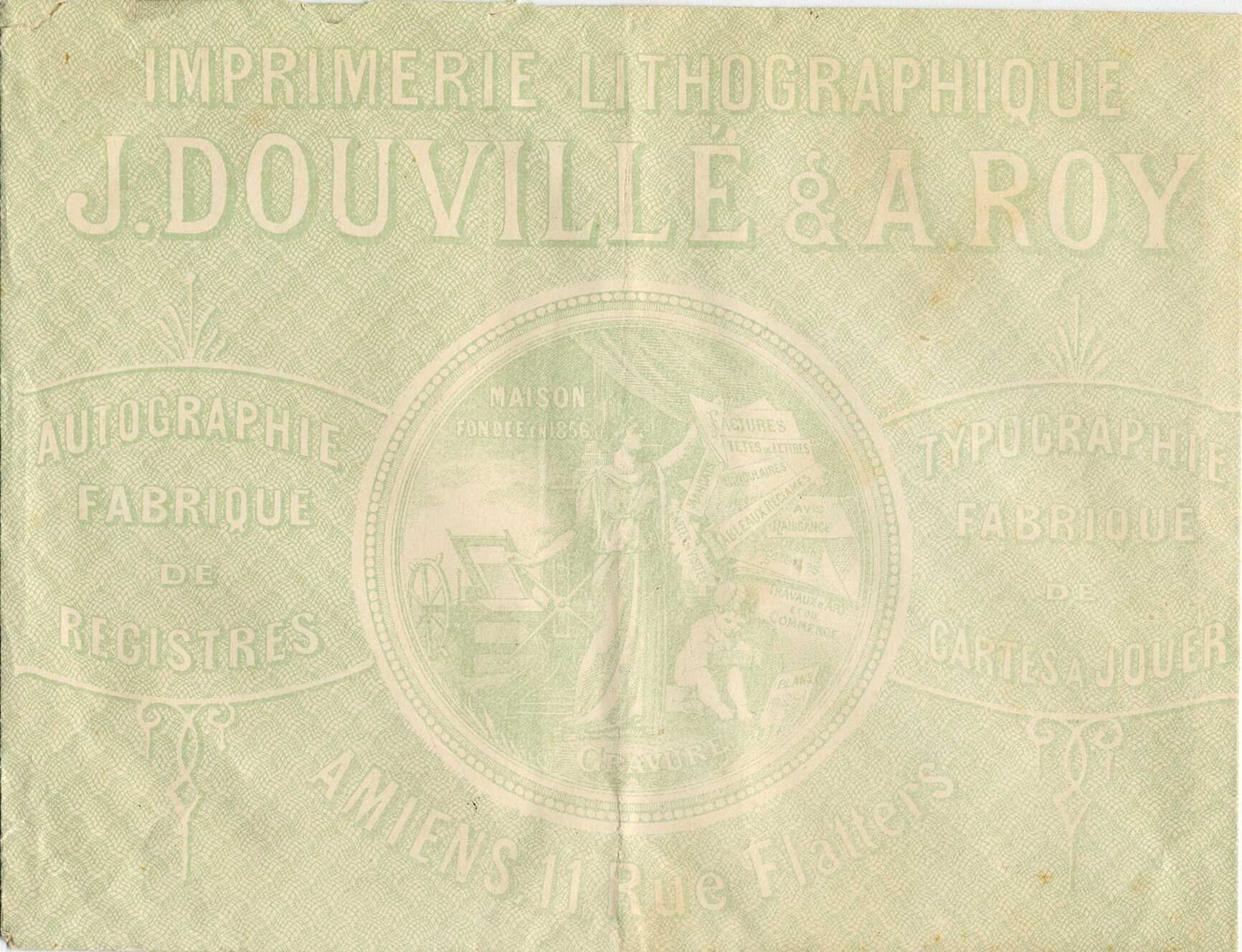 Dépôt de marque et de brevet. Modèle d'enveloppe monogrammée de l'imprimerie lithographique Douville et A. Roy