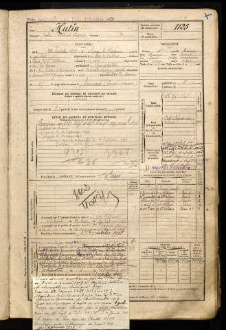 Hutin, Jules François Xavier, né le 24 octobre 1874 à Auxi le Chateau (Pas-de-Calais), classe 1894, matricule n° 1125, Bureau de recrutement d'Amiens