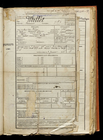 Wallet, Ferdinand, né le 22 mars 1897 à Prouzel (Somme), classe 1917, matricule n° 57, Bureau de recrutement d'Amiens