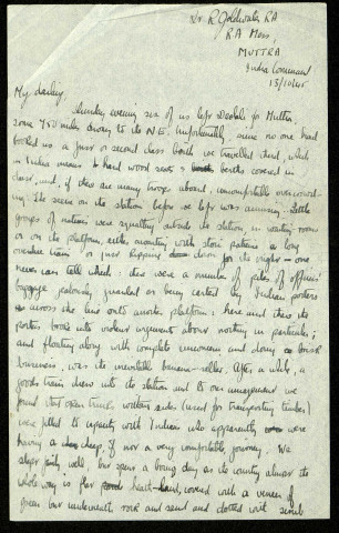 Lt R. Goldwater RA, RA Mess MUTTRA, India Command, 13/10/45 : lettre de Raymond Goldwater à sa fiancée