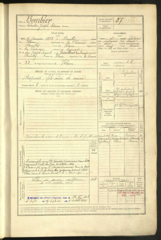 Bourbier, Valentin Joseph Adrien, né le 9 janvier 1862 à Douilly (Somme, France), classe 1882, matricule n° 27, Bureau de recrutement de Péronne