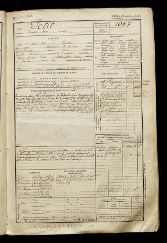 Petit, Léonard Oscar, né le 09 février 1896 à Favières (Somme), classe 1916, matricule n° 1067, Bureau de recrutement d'Abbeville