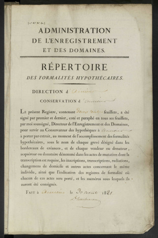 Répertoire des formalités hypothécaires, du 30/03/1822 au 18/06/1822, volume 158 (Conservation des hypothèques d'Amiens)