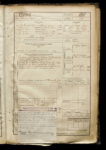 Cornet, François Auguste, né le 31 décembre 1876 à Metz-en-Couture (Pas-de-Calais), classe 1896, matricule n° 1061, Bureau de recrutement de Péronne