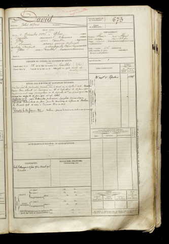 David, Jules Alfred, né le 02 novembre 1894 à Ytres (Pas-de-Calais), classe 1914, matricule n° 673, Bureau de recrutement de Péronne