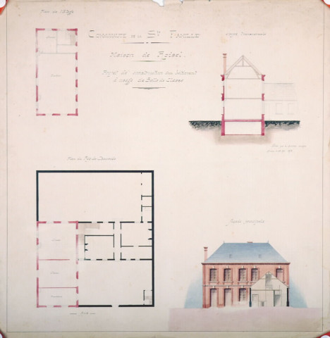Communauté de la Sainte-Famille : plan d'ensemble et élévation de la façade, dessiné par le cabinet d'architecte Delefortrie