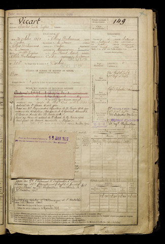 Vicart, Charles Emile Eugène, né le 24 octobre 1880 à Villers-Bretonneux (Somme), classe 1900, matricule n° 149, Bureau de recrutement d'Amiens