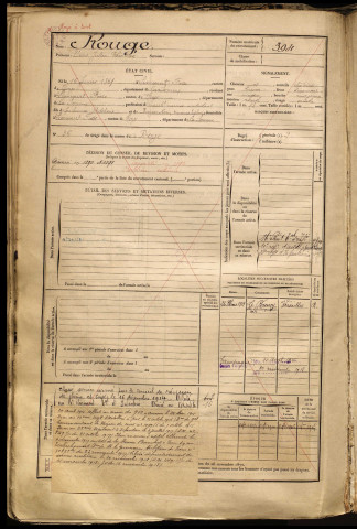 Rouge, Unus Julien Théotime, né le 16 février 1869 à Liancourt-Fosse (Somme), classe 1889, matricule n° 394, Bureau de recrutement de Péronne