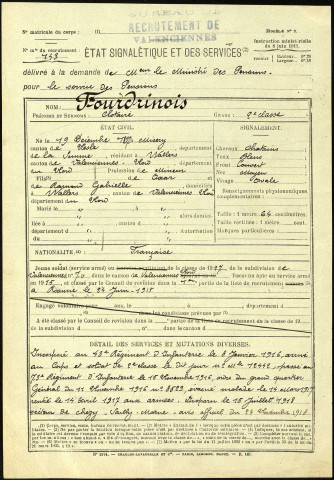 Fourdrinois, Clotaire, né le 19 décembre 1897 à Misery (Somme), classe 1917, matricule n° 143, Bureau de recrutement de Valenciennes