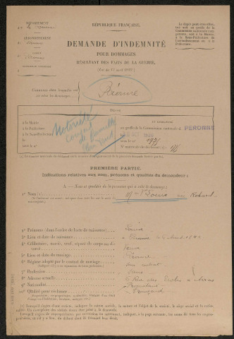 Péronne. Demande d'indemnisation des dommages de guerre : dossier Louis-Rohard