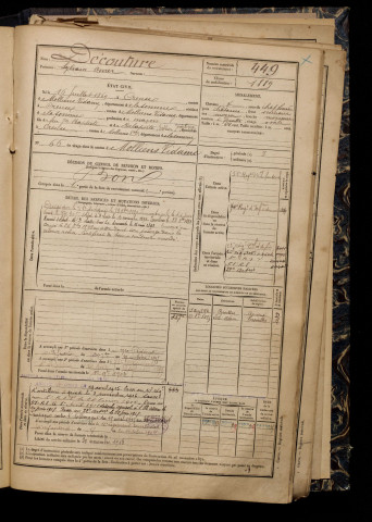 Découture, Sylvain Omer, né le 16 juillet 1869 à Creuse (Somme), classe 1889, matricule n° 449, Bureau de recrutement d'Amiens