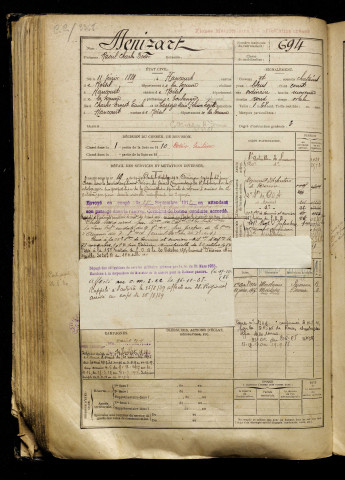 Denizart, Raoul Charles Nestor, né le 11 février 1889 à Hancourt (Somme), classe 1909, matricule n° 694, Bureau de recrutement de Péronne