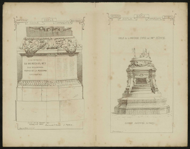 Quatre dessins représentants les socles de statues de Voltaire, square de écoles, rue Monge à Paris ; du marquis de Lezay-Marnesir à Strasbourg ; du maréchal Ney, boulevard Saint-Michel à Paris et de l'impératrice Joséphine à Paris