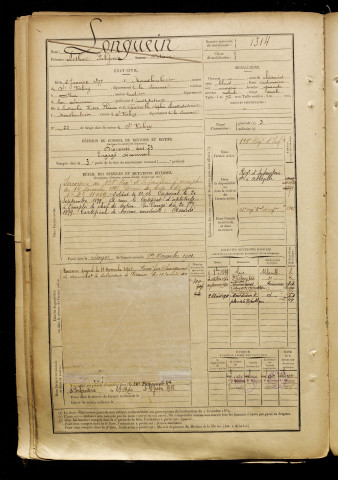 Longuein, Arthur Fulgence Octave, né le 02 janvier 1877 à Mons-Boubert (Somme), classe 1897, matricule n° 1314, Bureau de recrutement d'Abbeville