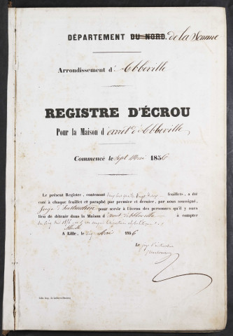 Maison d'arrêt d'Abbeville. Prévenus, condamnés et détenus. Registre d'écrou : numéros 1 à 845. 07 mai 1856 - 09 août 1858