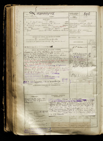 Lamouret, Lucien, né le 07 avril 1900 à Ytres (Pas-de-Calais), classe 1920, matricule n° 896, Bureau de recrutement de Péronne