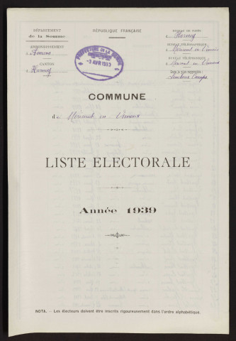 Liste électorale : Méricourt-en-Vimeu