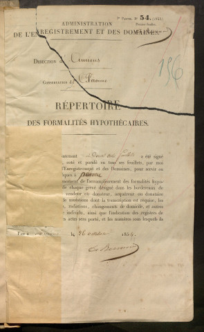 Répertoire des formalités hypothécaires, du 18/11/1854 au 21/03/1855, registre n° 156 (Péronne)
