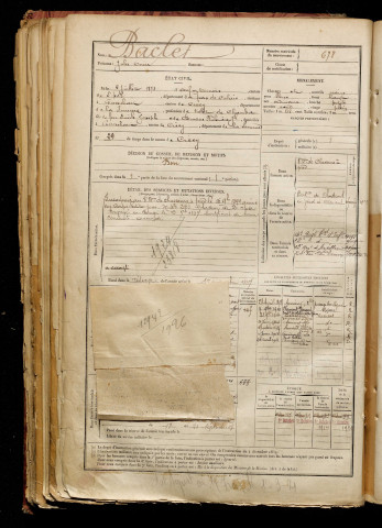 Baclet, Jules Omer, né le 02 juillet 1873 à OEuf-en-Ternois (Pas-de-Calais), classe 1893, matricule n° 678, Bureau de recrutement d'Abbeville