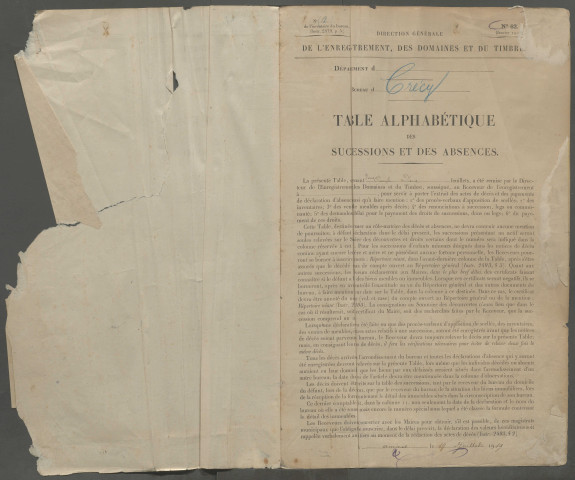Table des successions et absences du bureau de Crécy-en-Ponthieu