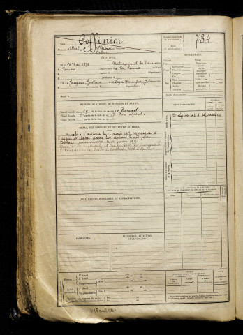 Coffinier, Albert Florentin Arthur, né le 16 mai 1898 à Berteaucourt-les-Dames (Somme), classe 1918, matricule n° 734, Bureau de recrutement d'Abbeville