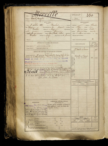 Merville, Marcel Auguste, né le 08 octobre 1889 à Fonches-Fonchette (Somme), classe 1909, matricule n° 350, Bureau de recrutement de Péronne