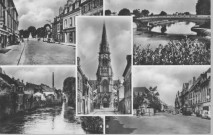 Abbeville (Somme). 1- Chaussée du bois et monument 1914-1918. 2- Pont des prés. 3- Église Saint-Jacques. 4- Vieilles maisons le long de la Somme. 5- Place du Pilori