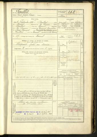 Pouillet, Louis Joseph Oscar, né le 6 septembre 1862 à Arvillers (Somme, France), classe 1882, matricule n° 162, Bureau de recrutement de Péronne
