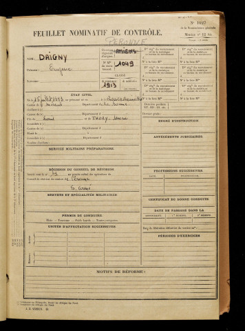 Daigny, Eugène, né le 15 juillet 1893 à Plessier-Rozainvillers (Le) (Somme), classe 1913, matricule n° 1049, Bureau de recrutement de Péronne