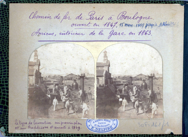 Chemin de fer de Paris à Boulogne ouvert en 1847 (15 mars 1847 jusqu'à Abbeville). Amiens, intérieur de la gare en 1863. Le type de locomotive au premier plan est une Buddicom de 1849