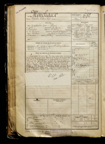 Monchaux, Charles Arthur Elisée, né le 03 septembre 1900 à Valines (Somme), classe 1920, matricule n° 682, Bureau de recrutement d'Abbeville