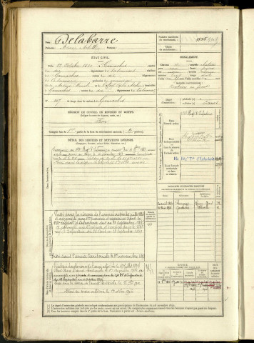 Delabarre, Arsène Achille, né le 22 octobre 1860 à Gamaches (Somme, France), classe 1880, matricule n° 1105, Bureau de recrutement d'Abbeville