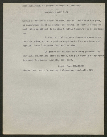 Témoignage de Dellinger, René (Sergent) et correspondance avec Jacques Péricard