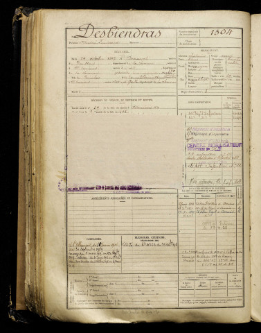 Desbiendras, André Ferdinand, né le 29 octobre 1897 à Beauval (Somme), classe 1917, matricule n° 1304, Bureau de recrutement d'Amiens