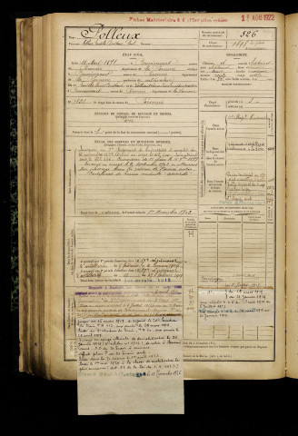 Polleux, Arthur Eusèbe Constant Paul, né le 18 mars 1878 à Bouvincourt-en-Vermandois (Somme), classe 1898, matricule n° 326, Bureau de recrutement de Péronne