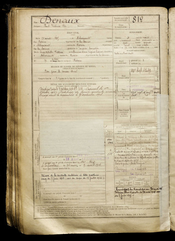 Denaux, Paul Victorine Elie, né le 22 août 1885 à Méharicourt (Somme), classe 1905, matricule n° 812, Bureau de recrutement de Péronne