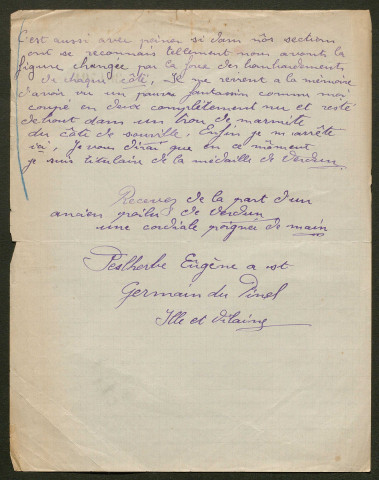 Témoignage de Peslherbe, Eugène et correspondance avec Jacques Péricard