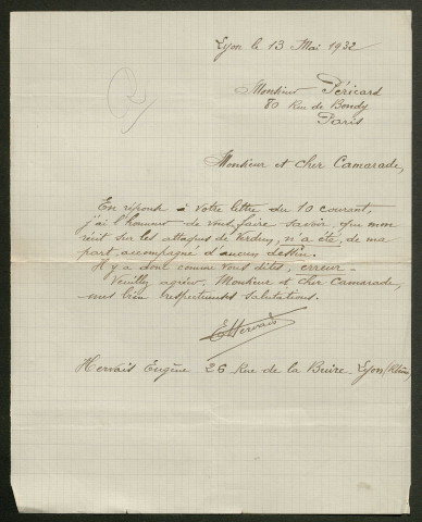 Témoignage de Hervais, Eugène (Caporal) et correspondance avec Jacques Péricard