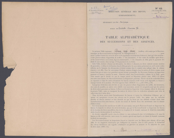 Table des successions et absences du bureau d'Amiens