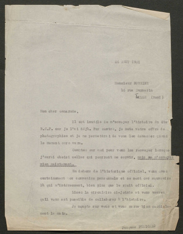 Témoignage de Buseine, Maurice et correspondance avec Jacques Péricard