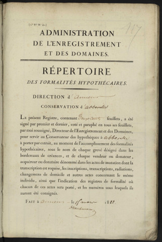 Répertoire des formalités hypothécaires, du 23/05/1822 au 13/08/1822, registre n° 117 (Abbeville)