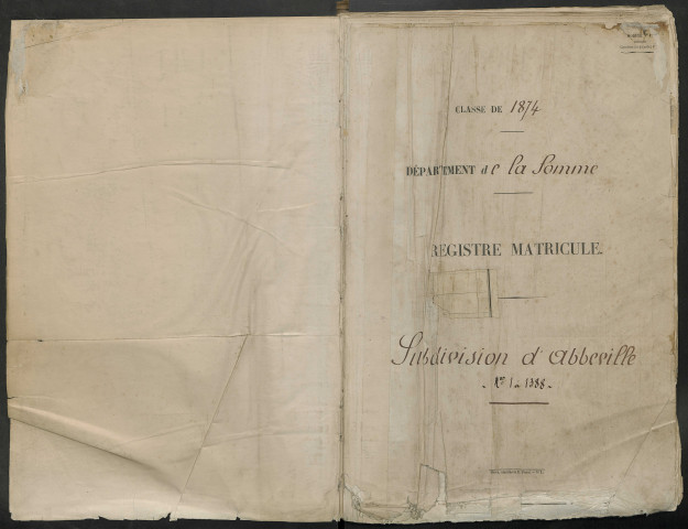 Abbeville : liste des matricules n° 1 à 1388 de la classe 1874