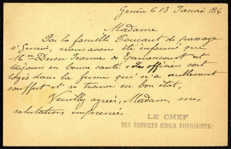 Carte postale des convois de rapatriés civils à Genève adressée à Madame Tacquet