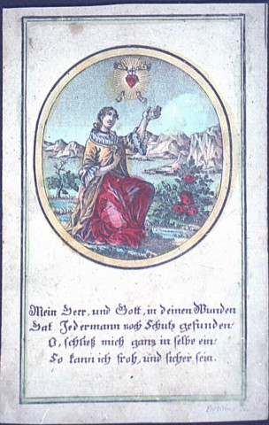 Image pieuse figurant une femme adorant le Sacré-Coeur.