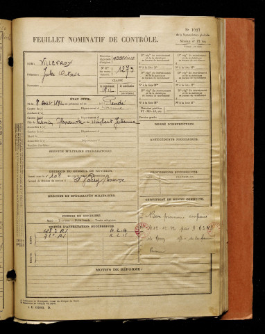 Villeroy, Jules Octave, né le 08 août 1892 à Pendé (Somme), classe 1912, matricule n° 1273, Bureau de recrutement d'Abbeville