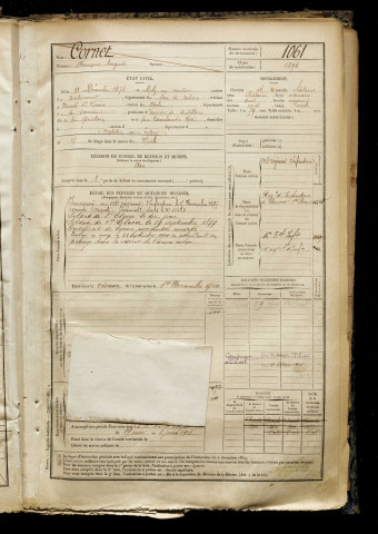 Cornet, François Auguste, né le 31 décembre 1876 à Metz-en-Couture (Pas-de-Calais), classe 1896, matricule n° 1061, Bureau de recrutement de Péronne