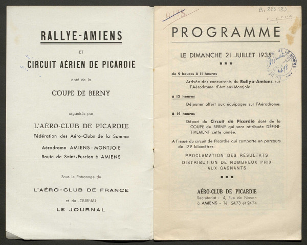 Rallye international et circuit aérien de Picardie. Amiens 21 juillet 1935. Aéro-club de Picardie. Rallye d'Amiens et coupe de Berny